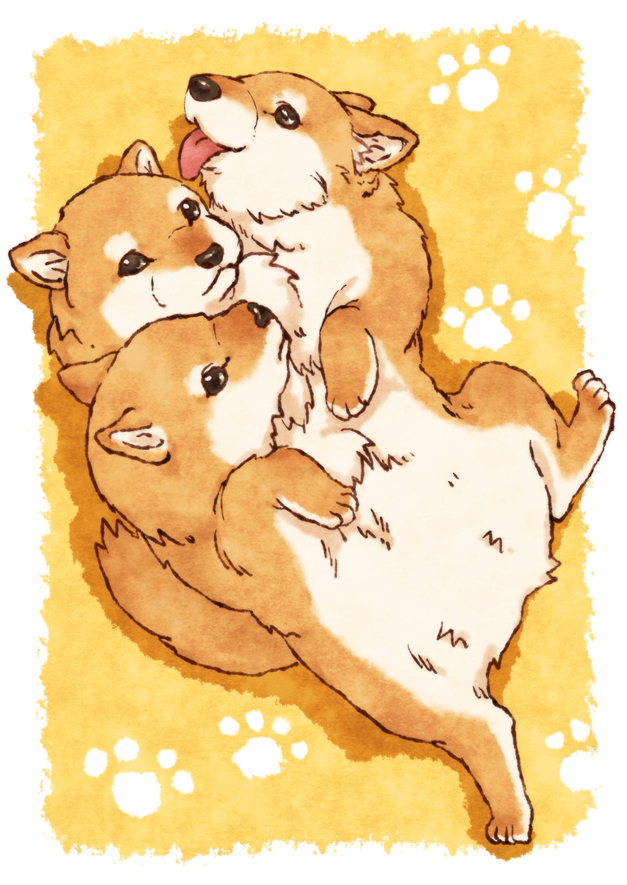 cerberus dog jo_hi joka_(hiwai) multiple_heads no_humans original paw_print puppy shiba_inu tongue