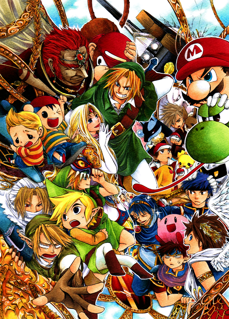 anger_vein baseball_bat baseball_cap blonde_hair blue_eyes broccoli_(arupuru) child copics diddy_kong donkey_kong_(series) eevee fire_emblem fire_emblem:_mystery_of_the_emblem fire_emblem:_souen_no_kiseki ganondorf hat holding holding_poke_ball ice_climbers ike jigglypuff kid_icarus kirby kirby_(series) landmaster link lucario lucas majora's_mask majora's_mask majora_(entity) mario marker_(medium) marth mask meta_knight mewtwo mother_(game) mother_2 mother_3 ness nintendo ookido_green ookido_green_(frlg) ookido_shigeru pichu pikachu pit pit_(kid_icarus) poke_ball pokemon pokemon_(game) pokemon_frlg pokemon_rgby princess_zelda red_(pokemon) red_(pokemon)_(remake) red_eyes red_hair redhead roy roy_(fire_emblem) satoshi_(pokemon) sheik star_fox super_mario super_mario_bros. super_smash_bros. the_legend_of_zelda toon_link traditional_media yoshi