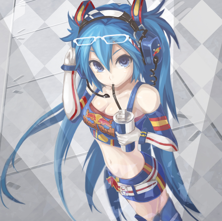 bare_shoulders belt blue_eyes blue_hair boots breasts can cleavage drink elbow_gloves formula_one from_above glasses glasses_on_head gloves hair_ornament hatsune_miku headset knee_boots long_hair midriff navel product_placement race_queen red_bull solo straw twintails very_long_hair vocaloid yato