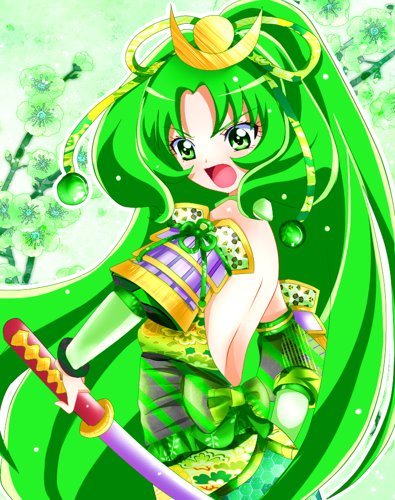 1girl alternate_costume arm_warmers bad_anatomy bare_shoulders choker cure_march detached_sleeves fingerless_gloves gloves green_eyes green_hair hair_ornament hair_ribbon long_hair magical_girl midorikawa_nao open_mouth ponytail precure ribbon serious smile_precure! solo sword tri_tails very_long_hair weapon yuiyuimoe