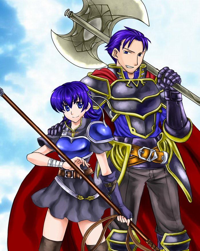 74 armor axe belt blue_eyes blue_hair boots cape circlet farina farina_(fire_emblem) fingerless_gloves fire_emblem fire_emblem:_rekka_no_ken fire_emblem_blazing_sword gauntlets gloves hand_on_shoulder headband hector lance pegasus_knight polearm short_hair single_glove skirt smile spear thigh-highs thigh_boots thighhighs weapon