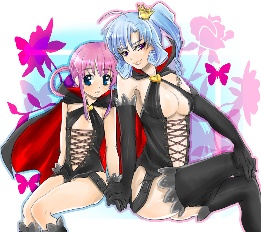 2girls arsene_(cosplay) blue_eyes blue_hair blush breasts butterfly cleavage cosplay crossed_legs elbow_gloves flat_chest flower gloves hand_holding henriette_mystere holding_hands large_breasts latex latex_dress latex_gloves legs_crossed maa_(29kuu) multiple_girls pink_hair purple_eyes sherlock_shellingford sitting tantei_opera_milky_holmes thigh-highs thighhighs twintails violet_eyes