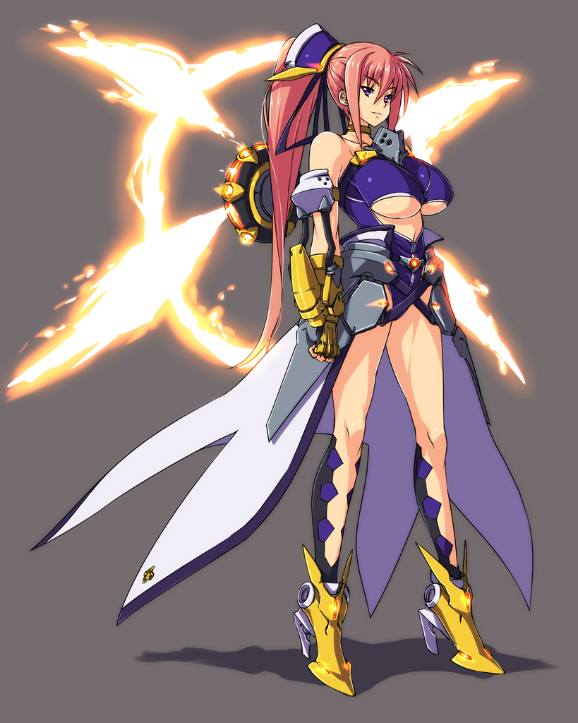 armor bare_shoulders boots breasts center_opening choker fingerless_gloves fire gauntlets gloves glowing hair_ornament high_heels large_breasts legs leotard levantine long_hair long_legs lyrical_nanoha magical_girl mahou_shoujo_lyrical_nanoha mahou_shoujo_lyrical_nanoha_a's mahou_shoujo_lyrical_nanoha_a's mahou_shoujo_lyrical_nanoha_strikers nekomamire pink_hair ponytail purple_eyes red_hair redhead shadow shoes signum simple_background skirt standing underboob unison very_long_hair weapon wings