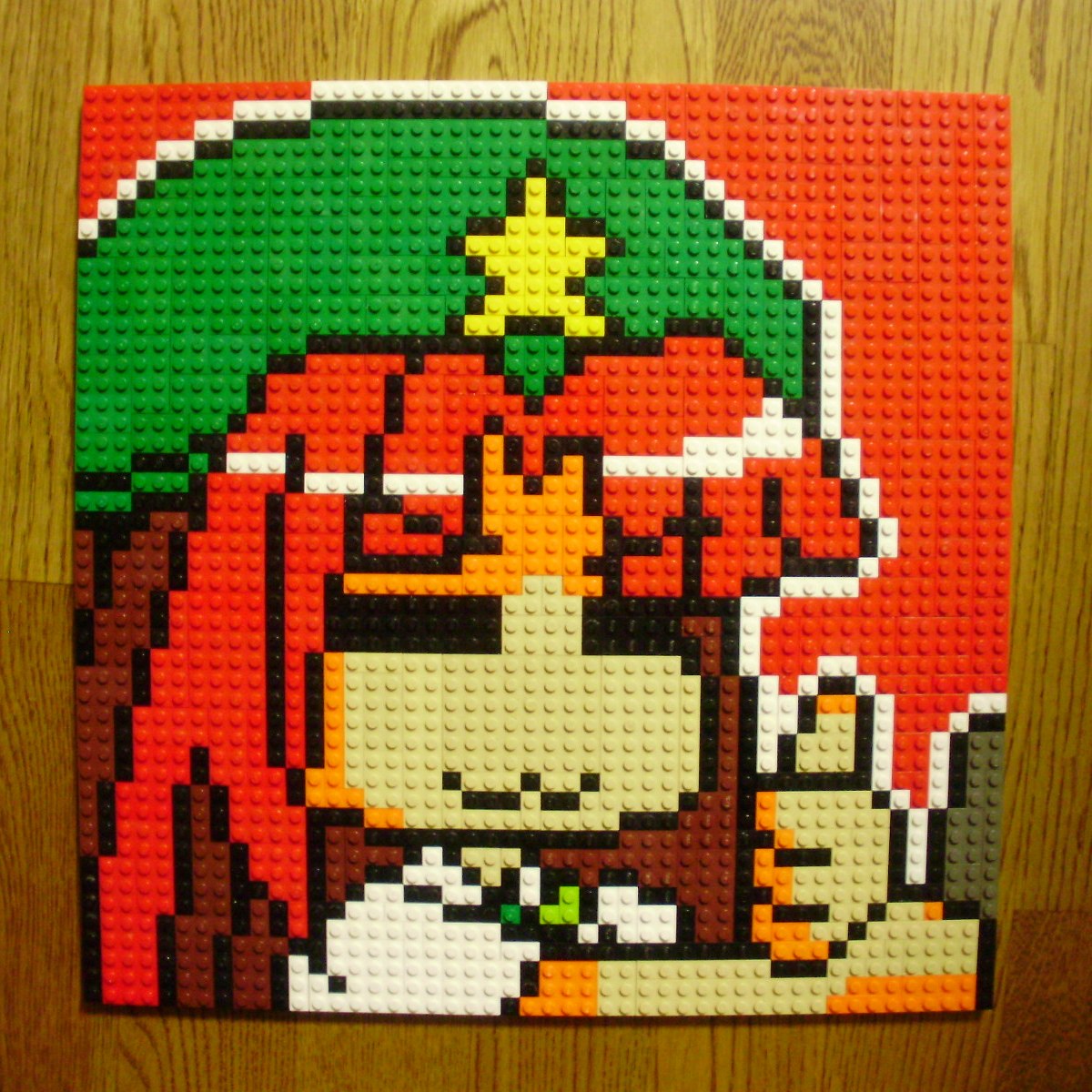 &gt;:3 1girl =_= beret block braid chibi chinese_clothes derivative_work hat highres hong_meiling lego long_hair photo pixel_art red_hair redhead star thumbs_up touhou you_rei_(blowback)