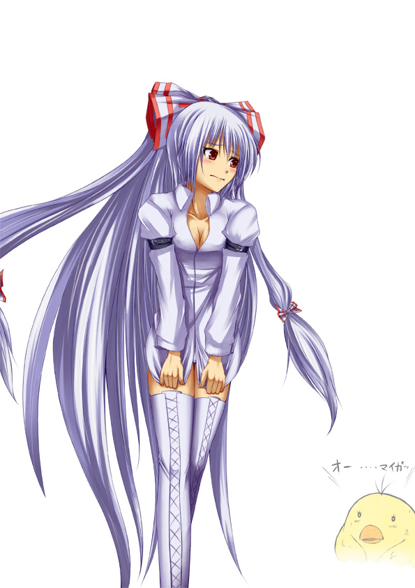 bangs bird blue_hair blush boots bow breasts cleavage cross-laced_footwear dress_shirt embarrassed frown fujiwara_no_mokou hair_bow holysnow lace-up_boots leaning_forward long_hair nervous no_pants ponytail red_eyes shirt shirt_pull shirt_tug silver_hair simple_background solo standing straight_hair thigh-highs thigh_boots thighhighs touhou translated translation_request very_long_hair white_background