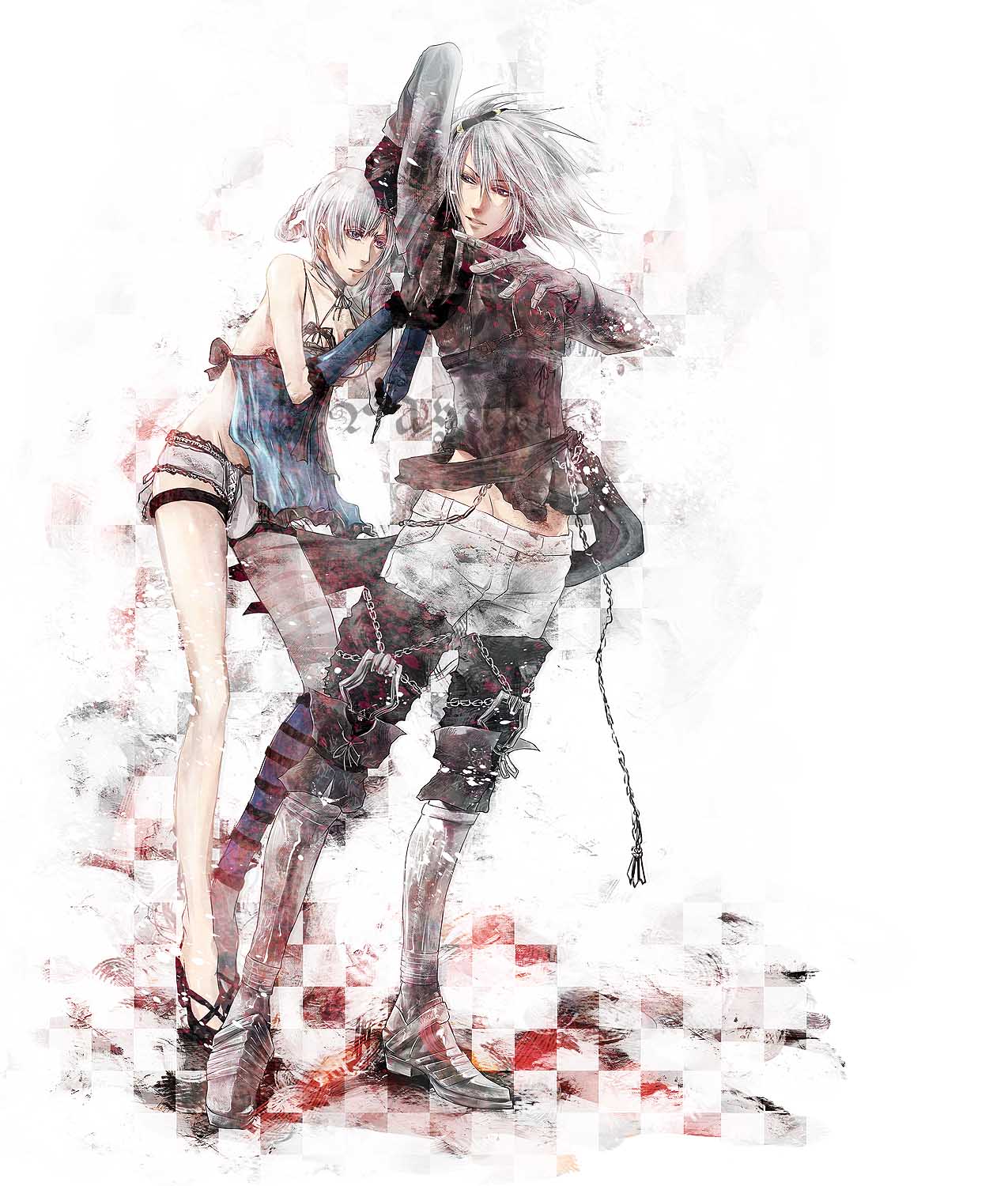 1girl asymmetrical_hair bandage bandages boots braid breasts bulge chain chains couple elbow_gloves gloves high_heels highres kaine_(nier) kira_yuki lingerie negligee nier nier_(character) nier_(young) panties shoes short_hair silver_hair underwear white_hair white_panties