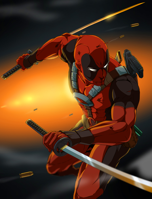 bullet deadpool dual_wielding gb_(doubleleaf) genmaipudding gun injury katana male marvel sword weapon