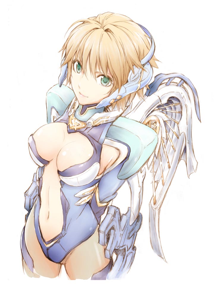 artist_request blonde_hair bodysuit breasts center_opening cleavage dutch_angle fiorun green_eyes hair hairband headphones looking_at_viewer mechanical_wings midriff mound_of_venus navel robot_ears short short_hair simple_background smile solo source_request spoilers standing turtleneck wings xenoblade yamada_kotaro yamada_koutarou
