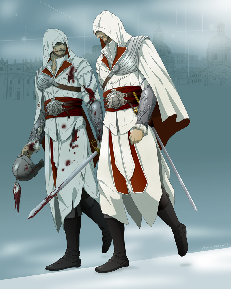 assassin's_creed:_brotherhood assassin's_creed_ii assassin's_creed assassin's_creed:_brotherhood assassin's_creed_ii beard blood boots cape ezio_auditore_da_firenze facial_hair gb_(doubleleaf) genmaipudding helmet hood rapier smile sword vambraces weapon