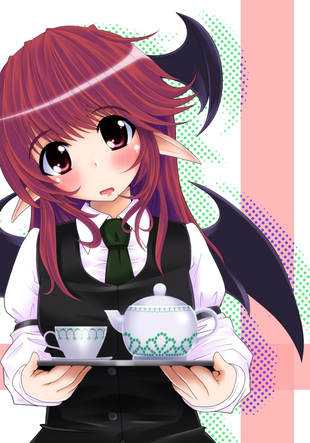cup head_tilt head_wings highres koakuma long_hair necktie pointy_ears red_eyes red_hair redhead teacup teapot the_embodiment_of_scarlet_devil tooculi touhou tray wings