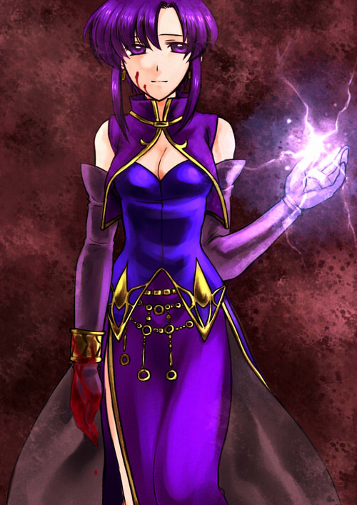 74 blood breasts capelet cleavage earrings elbow_gloves female fire_emblem fire_emblem:_rekka_no_ken fire_emblem_blazing_sword gloves jewelry lightning magic purple_eyes purple_hair short_hair side_slit solo ursula_(fire_emblem) violet_eyes