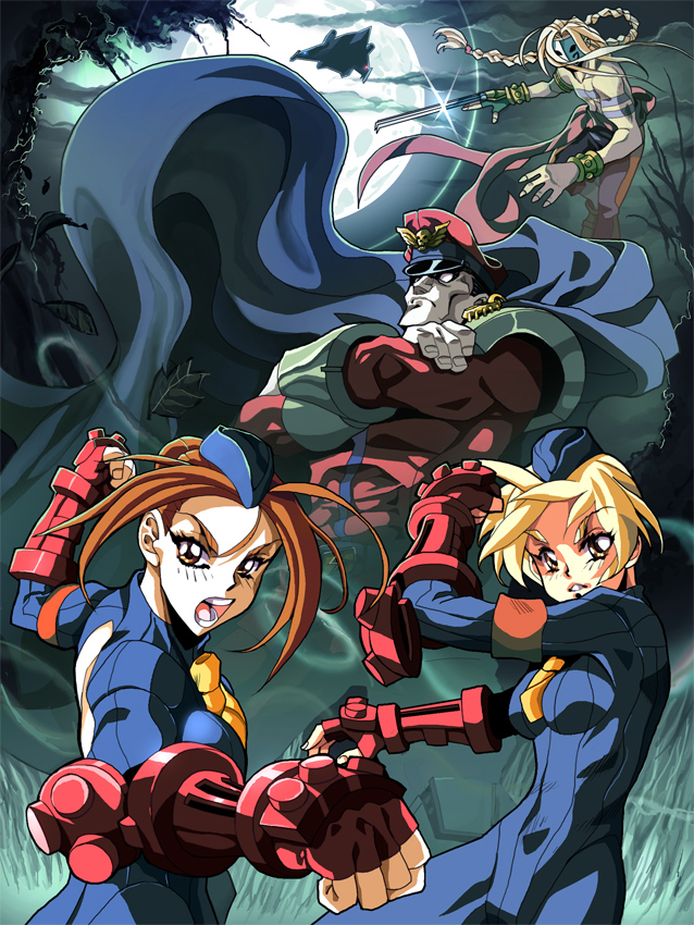 armband ascot balrog blonde_hair blue_eyes bodysuit bracer braid brown_eyes cape claws cloud crossed_arms fingerless_gloves full_moon glint gloves hat juli juni long_hair mask moon night open_mouth otaking red_hair shoulder_pads street_fighter street_fighter_zero uniform vega