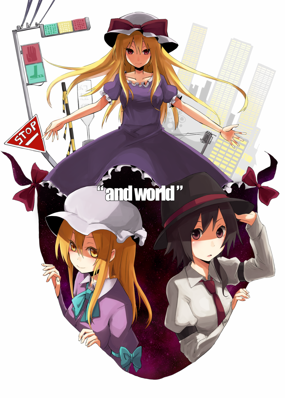 adjusting_hat bad_id black_hair blonde_hair bow brown_eyes dress gap hat hat_ribbon highres long_hair maribel_hearn multiple_girls necktie porkpie_hat red_eyes ribbon road_sign shirofox short_hair sign touhou traffic_light usami_renko yakumo_yukari yellow_eyes