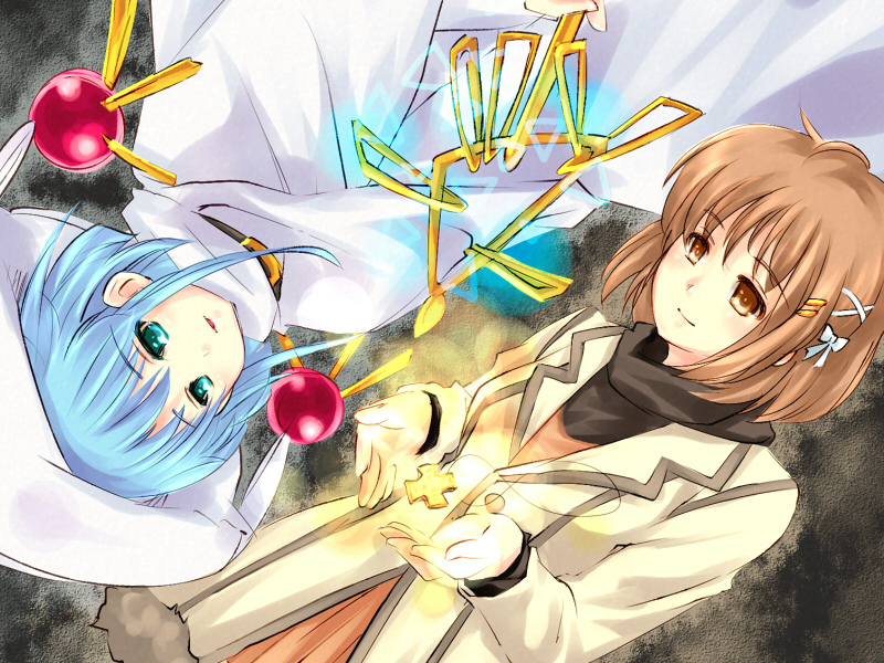 blue_hair brown_eyes brown_hair cross hat hecate piku shakugan_no_shana short_hair winter_clothes yoshida_kazumi