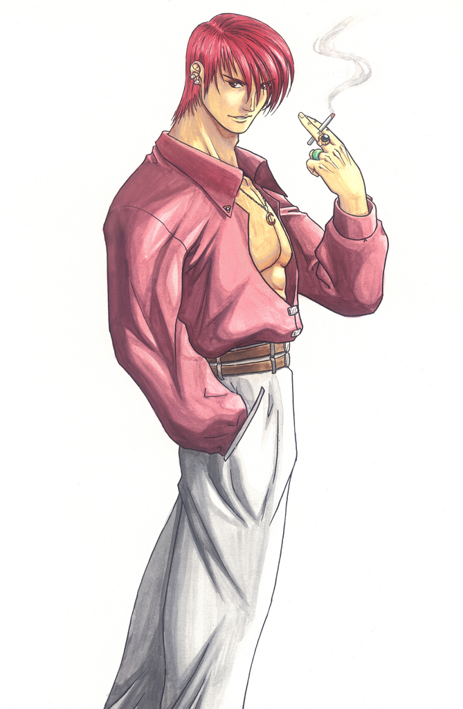 belt cigarette crescent crescent_moon dress_shirt earrings hand_in_pocket jewelry king_of_fighters male necklace open_clothes open_shirt pink_hair red_hair redhead ring shirt smoking traditional_media yagami_iori