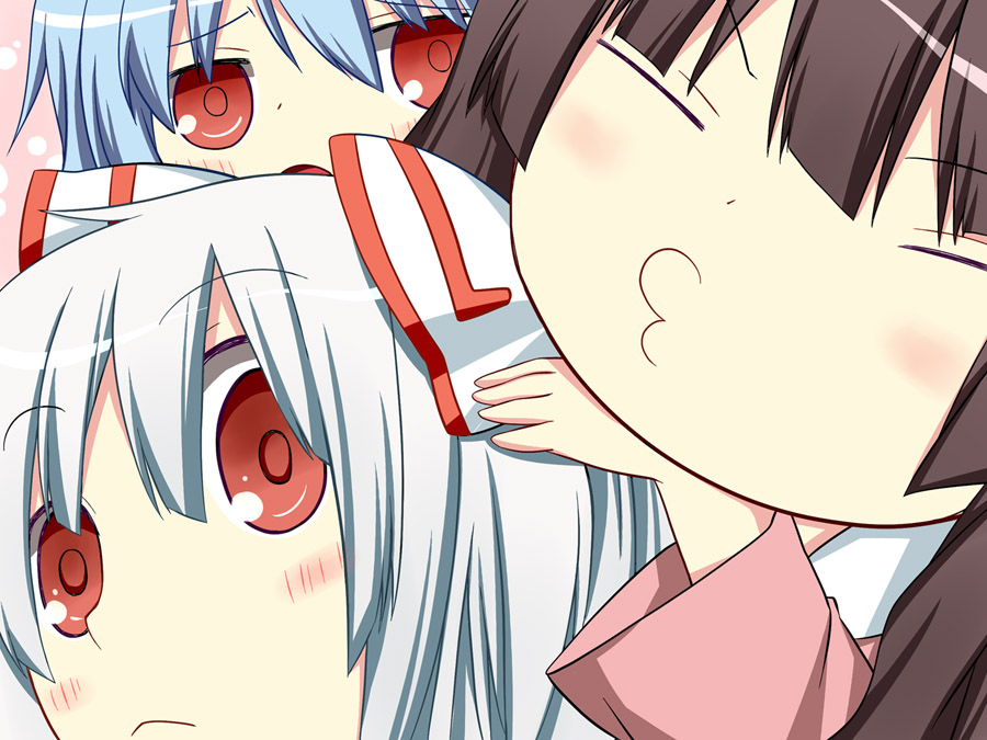 :3 blue_hair blush bow brown_hair closed_eyes fujiwara_no_mokou hair_bow houraisan_kaguya kamishirasawa_keine multiple_girls o3o red_eyes rioshi silver_hair smooooch touhou white_hair