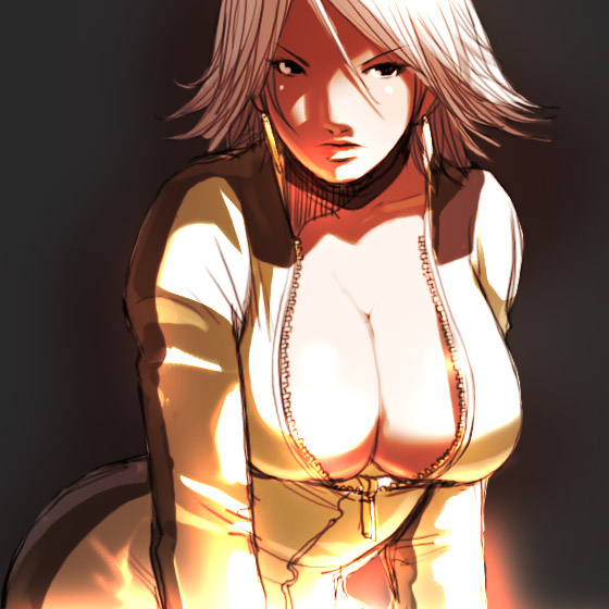 1girl breasts center_opening christie christie_(doa) cleavage dead_or_alive earrings falcoon female jewelry large_breasts lips no_bra open_clothes open_shirt shirt short_hair solo unzipped white_hair zipper
