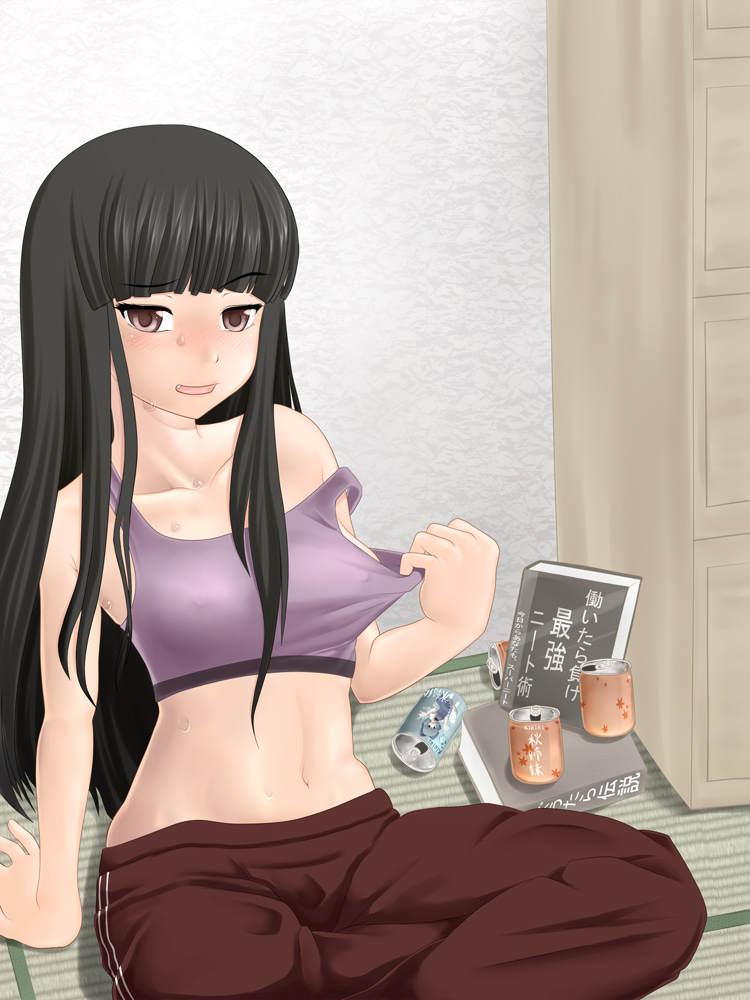 blush book brown_eyes can erect_nipples fang houraisan_kaguya kurone long_hair midriff sports_bra sweat touhou track_pants