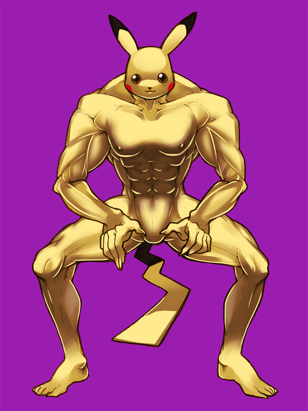 32nd :3 bad_id brown_eyes male manly muscle no_humans pikachu pokemon pokemon_(creature) purple_background simple_background solo what