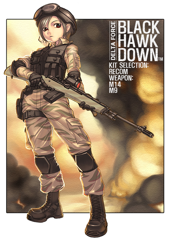 black_hawk_down camouflage gun helmet load_bearing_vest m14 military military_uniform operator red_eyes rifle short_hair soldier solo taiki6 trigger_discipline typo uniform weapon