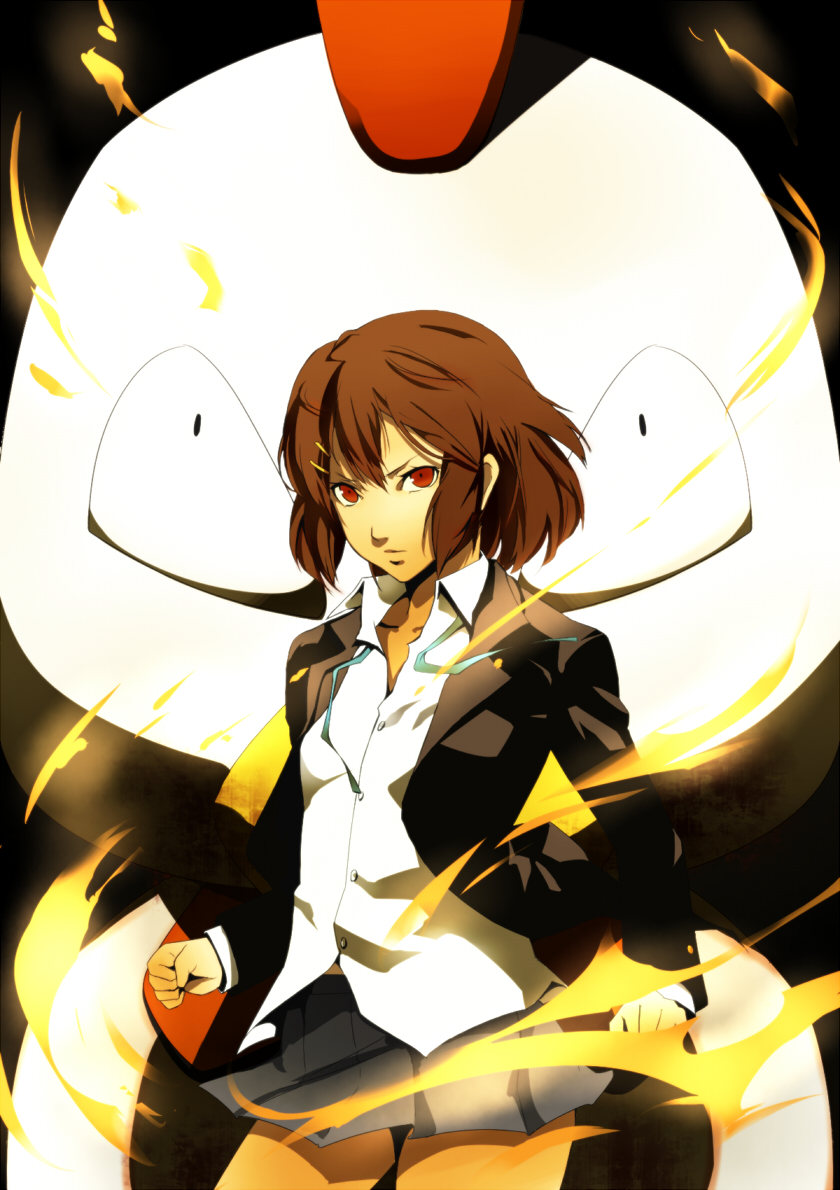 animal_costume bad_id bird brown_eyes brown_hair chicken chicken_costume derivative_work hirasawa_yui k-on! nuezou parody persona school_uniform short_hair skirt solo