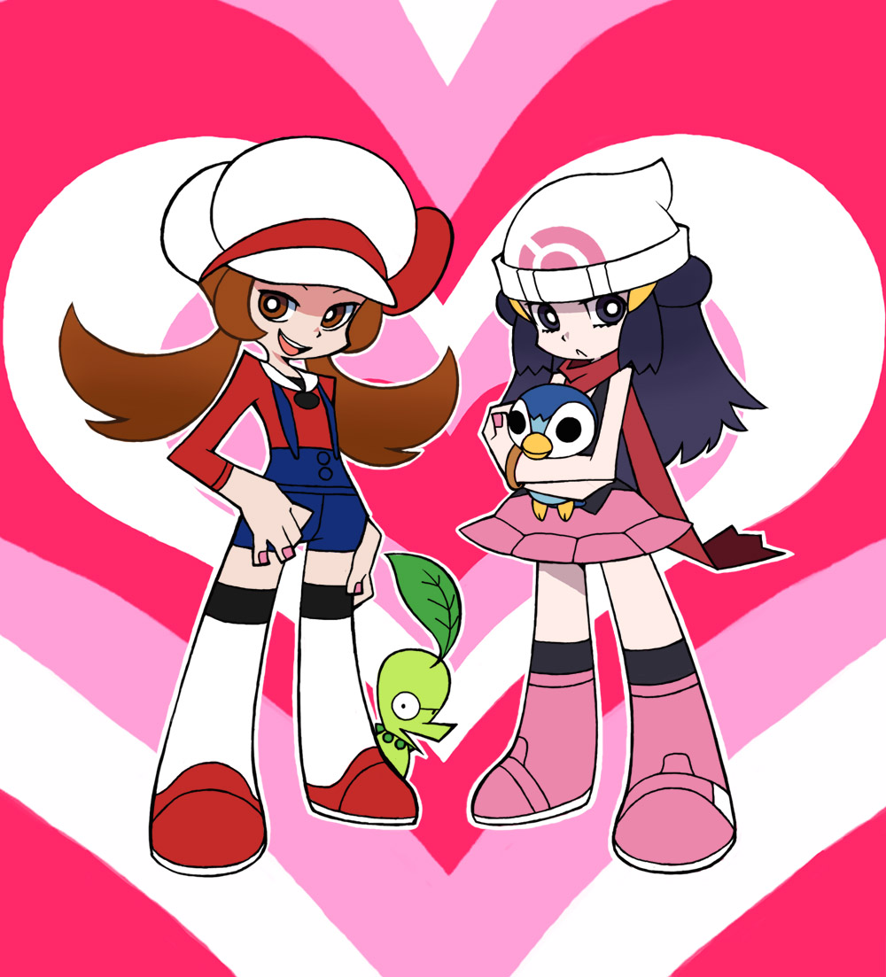 :&lt; beanie blue_hair brown_hair cabbie_hat chikorita hat heart hikari_(pokemon) kotone_(pokemon) multiple_girls overalls panty_&amp;_stocking_with_garterbelt parody piplup pokemon pokemon_(game) pokemon_dppt pokemon_gsc pokemon_hgss sato3 scarf skirt smile style_parody thighhighs twintails