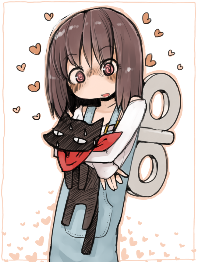 1girl @_@ black_cat blush brown_hair cat flat_gaze heart holding_animal hug hug_from_behind masha nichijou open_mouth overalls pink_eyes sakamoto_(nichijou) scarf shinonome_nano short_hair sweatdrop winding_key