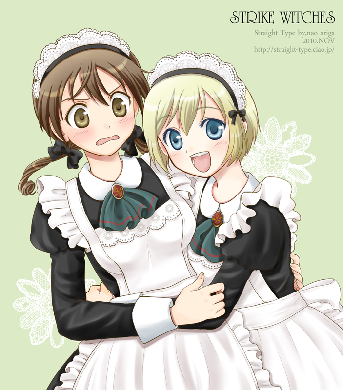 apron ariga_nao blonde_hair blue_eyes blush bow brown_eyes brown_hair enmaided erica_hartmann gertrud_barkhorn hair_bow hug maid maid_headdress open_mouth smile strike_witches twintails