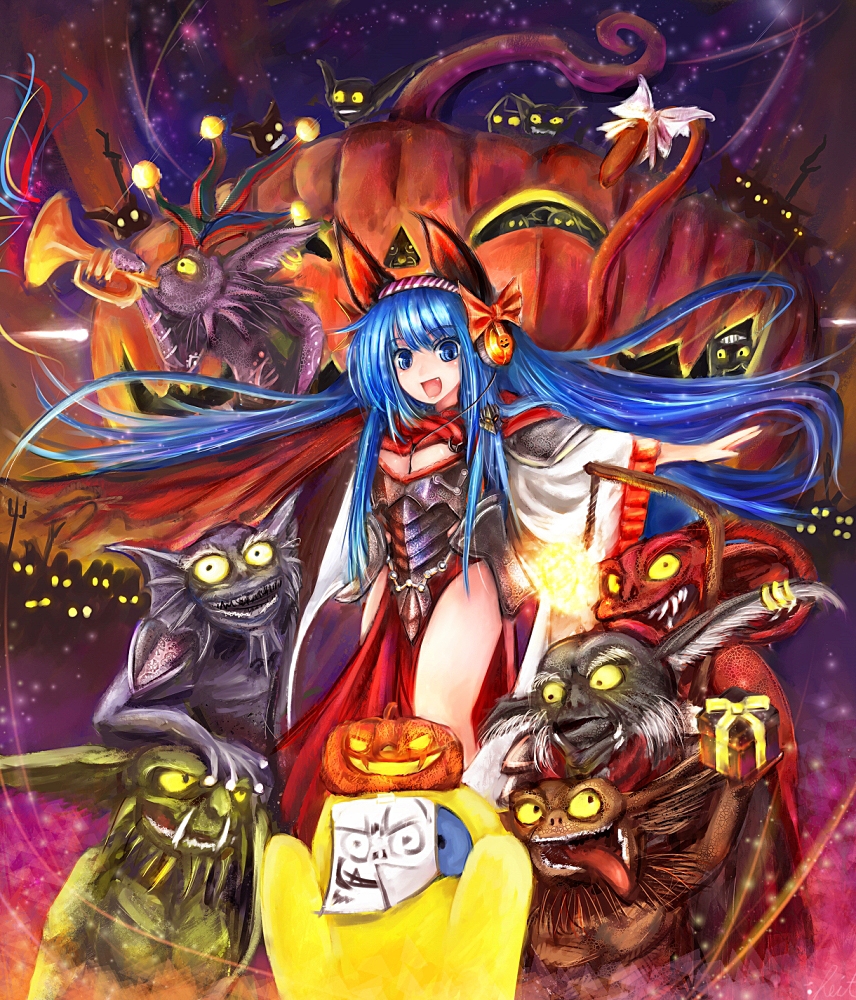animal_ears armor bad_id blue_hair breasts cape cleavage dot_heit fire genderswap gift gnarl halloween headphones instrument jack-o'-lantern light long_hair minion_(overlord) night open_mouth overlord overlord_(character) photo_(object) picture pumpkin quaver ribbon smile st-ko star steam_(platform) tail trumpet wolf_ears