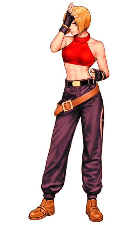 1girl bare_shoulders belt beltskirt blonde_hair blue_mary clenched_hand closed_mouth crop_top fatal_fury female fingerless_gloves full_body gloves halterneck king_of_fighters midriff mori_toshiaki pants red_shirt shinkiro shoes short_hair simple_background sleeveless snk solo standing white_background