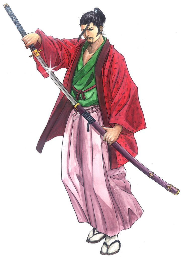 beard facial_hair glint hon'iden_matahachi japanese_clothes katana male samurai sandals sheath sword topknot traditional_media unsheathing vagabond weapon