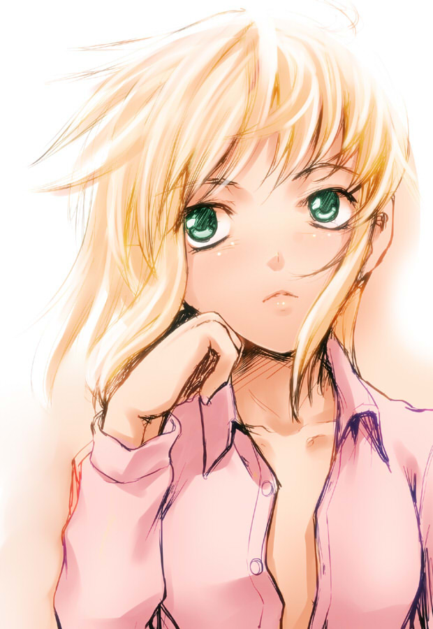 blonde_hair casual fate/stay_night fate_(series) green_eyes hair_down open_clothes open_shirt saber shirt solo uraomote