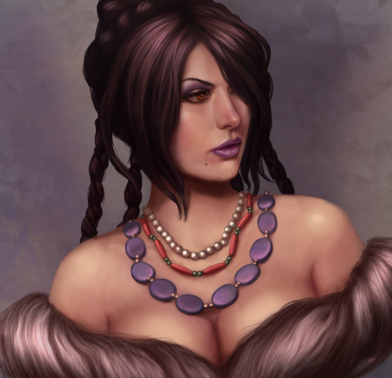black_hair braid breasts bust cleavage dress eyeshadow final_fantasy final_fantasy_x hair_over_one_eye jewelry lips lipstick lithriel long_hair looking_to_the_side lulu makeup mole necklace realistic red_eyes strapless_dress