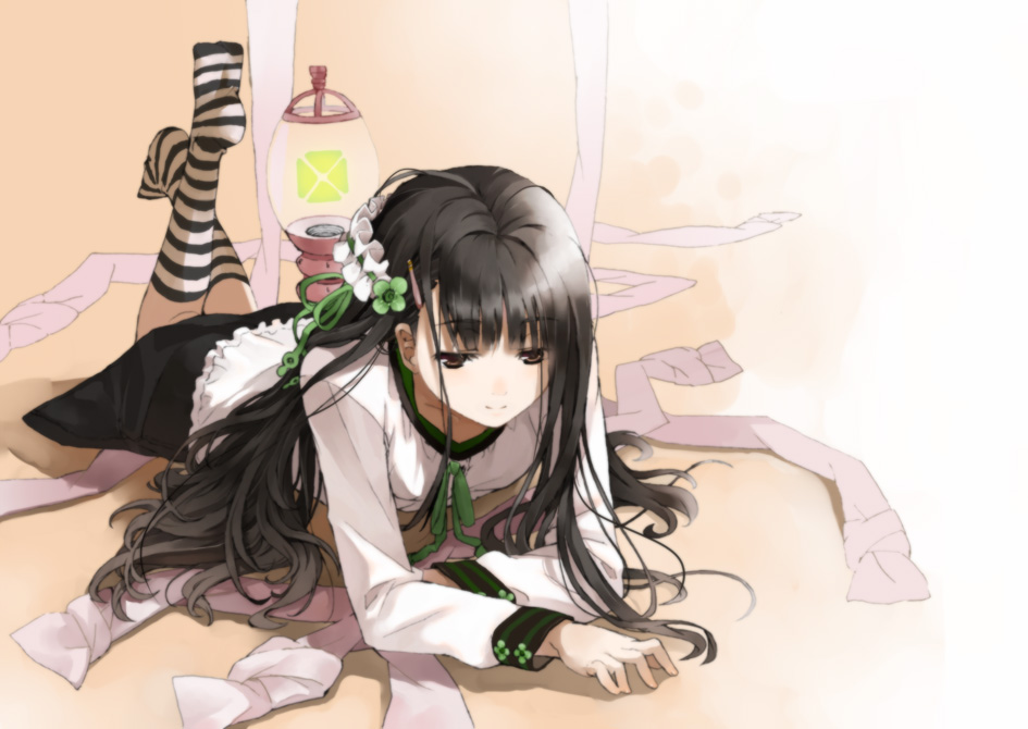 black_hair brown_eyes chiharu_(nekomimibousi96) flower footwear hair_ornament kneehighs long_hair lying no_shoes on_stomach original ribbon socks solo striped striped_legwear striped_socks