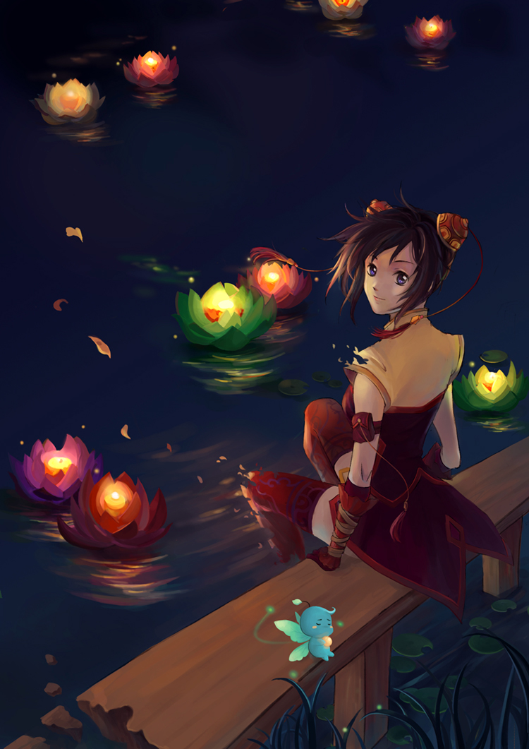candle creature dissolving_clothes fairy_wings flower gloves hair_ornament lantern lily_pad looking_at_viewer looking_back lotus nataku39 night original short_hair sitting smile solo thigh-highs thighhighs water wings