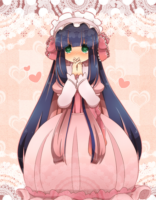 alternate_costume bad_id bangs blunt_bangs blush covering covering_face covering_mouth doily dress green_eyes hairband hands_clasped heart heart-shaped_pupils interlocked_fingers kofa_(ikyurima) lolita_fashion lolita_hairband lolita_headband long_hair matyurisu multicolored_hair panty_&amp;_stocking_with_garterbelt pink pink_dress purple_hair solo stocking_(character) stocking_(psg) stocking_(psg)sweet_lolita symbol-shaped_pupils two-tone_hair very_long_hair