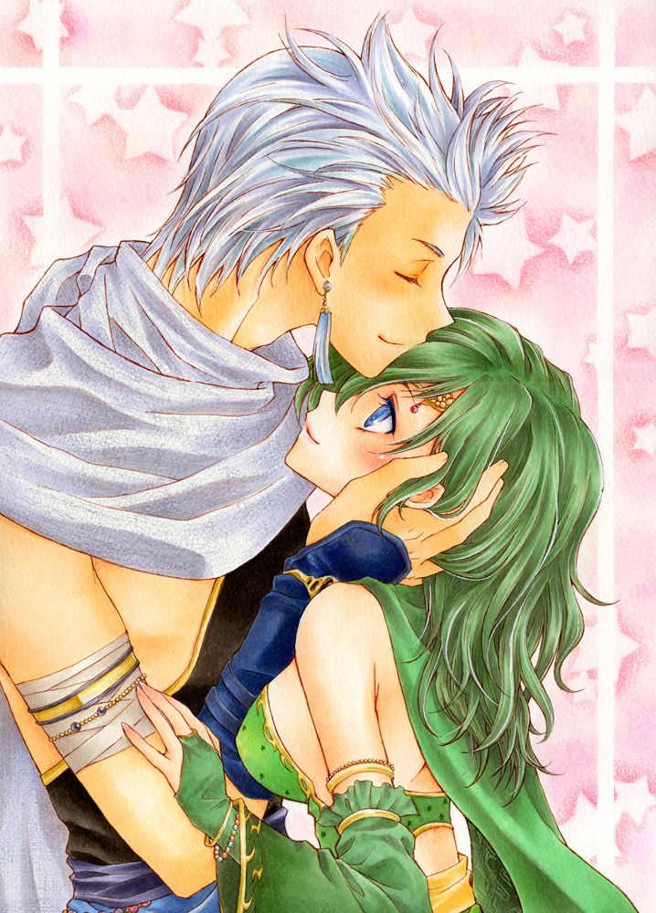 blush bridal_gauntlets cape couple detached_sleeves earrings edward_geraldine final_fantasy final_fantasy_iv green_hair hand_on_face height_difference jewelry kiss_on_forehead ninja rydia star summoner white_hair yukaxcat