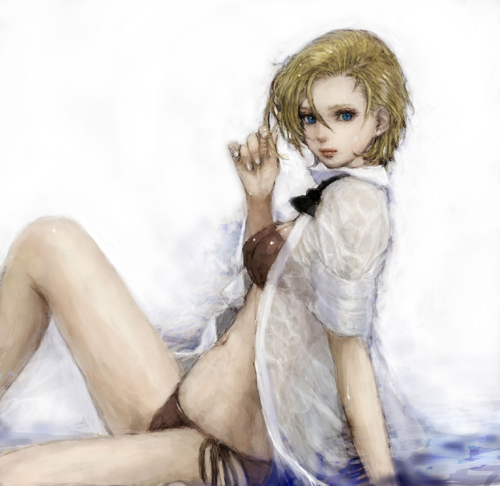 arm_support bikini blonde_hair blue_eyes bowtie hair_tussle king_(snk) king_of_fighters legs open_clothes open_shirt pon ryuuko_no_ken see-through shirt short_hair sitting sleeves_rolled_up snk solo swimsuit water wet wet_clothes wet_shirt