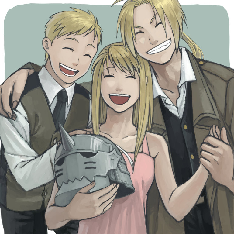 2boys ahoge alphonse_elric armor blonde_hair braid buttons closed_eyes dress edward_elric eyes_closed formal fullmetal_alchemist good_end grin hand_holding hand_on_shoulder helm helmet holding_hands jacket long_hair mukuo multiple_boys necktie open_mouth pink_dress ponytail shirt short_hair simple_background smile teeth vest white_shirt winry_rockbell