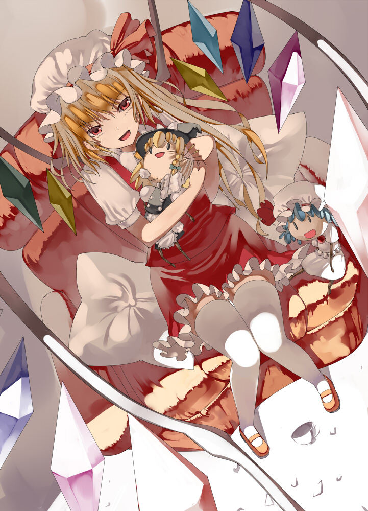 blonde_hair character_doll couch cushion flandre_scarlet from_above kirisame_marisa knees_touching kureha_(ironika) looking_at_viewer looking_up mary_janes plush red_eyes remilia_scarlet shoes sitting smirk solo the_embodiment_of_scarlet_devil thighhighs touhou white_legwear yukkuri_shiteitte_ne