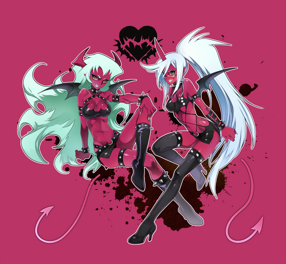 boots breasts cleavage collar crossed_legs demon_girl fang glasses green_hair grin hetaraion horns kneesocks_(character) kneesocks_(psg) legs_crossed long_hair multiple_girls panty_&amp;_stocking_with_garterbelt ponytail red_skin scanty scanty_(psg) silver_hair sitting smile spiked_collar spikes tail thigh-highs thigh_boots thigh_strap thighhighs wings yellow_eyes