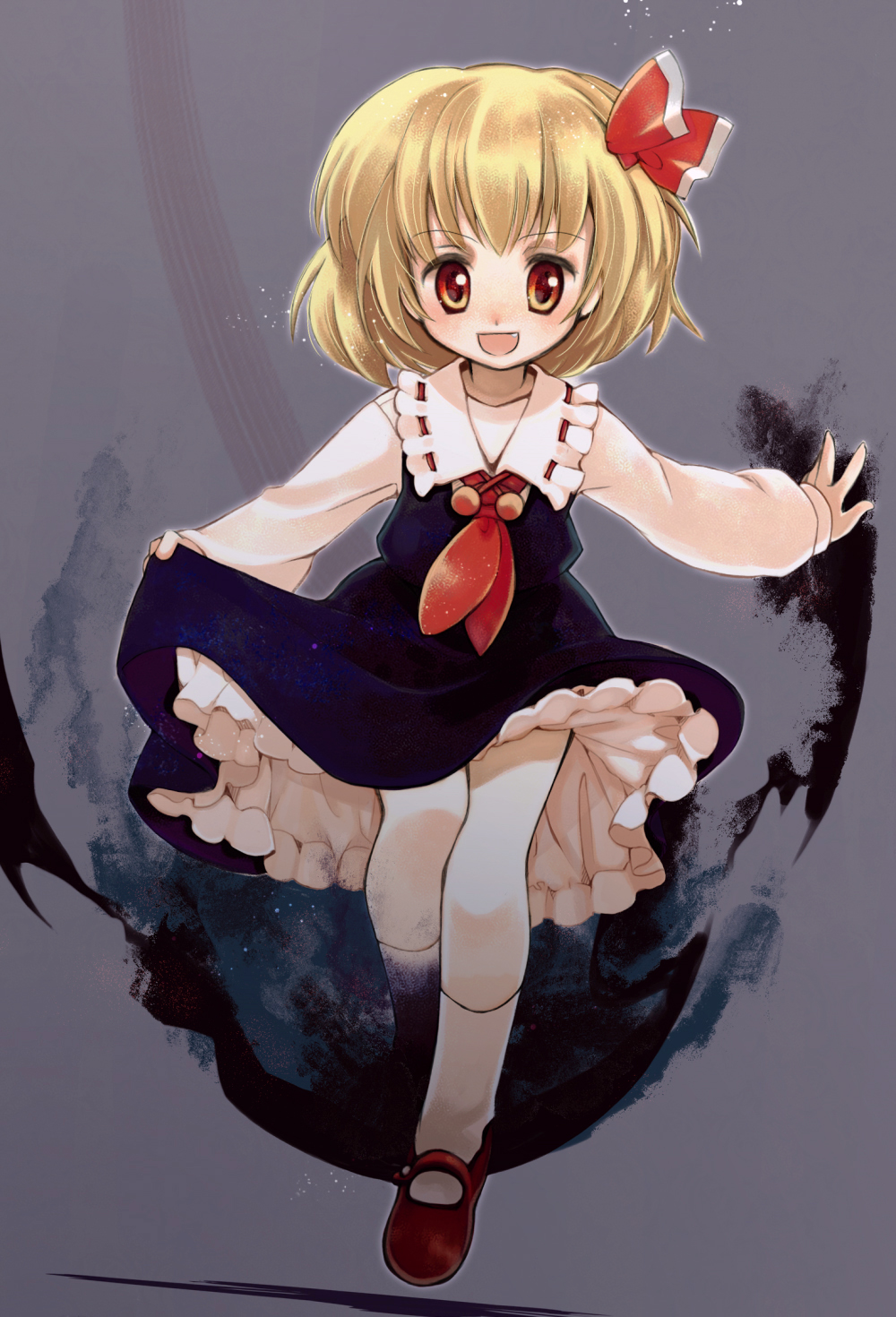 bad_id biyon blonde_hair child darkness dress dress_lift fang hair_ribbon highres mary_janes red_eyes ribbon rumia shoes short_hair solo the_embodiment_of_scarlet_devil touhou youkai