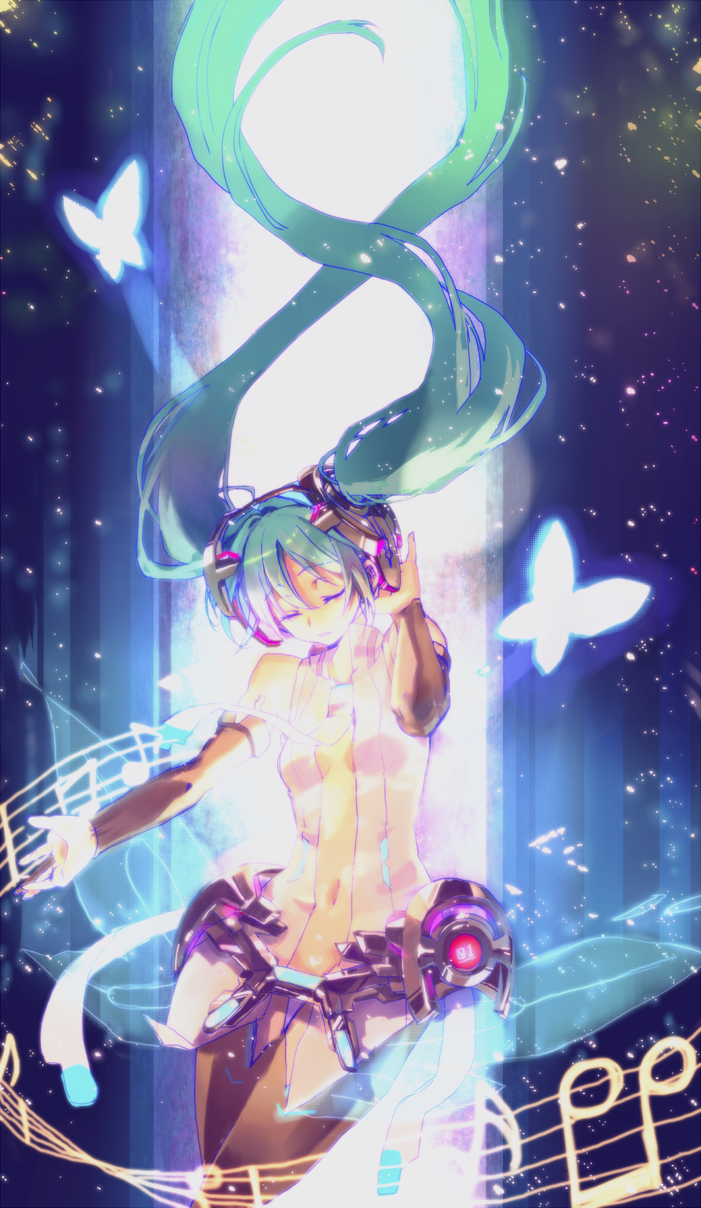 bridal_gauntlets butterfly closed_eyes eyes_closed floating_hair green_hair hand_on_headphones hatsune_miku hatsune_miku_(append) headphones highres long_hair miku_append morinokuma musical_note navel solo thigh-highs thigh_gap thighhighs thighs twintails very_long_hair vocaloid vocaloid_append