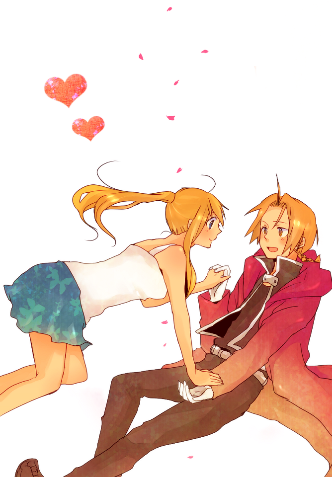 1girl bad_id blonde_hair blue_eyes braid coat couple edward_elric fullmetal_alchemist gloves hand_holding heart holding_hands hood open_mouth pocky1202 ponytail simple_background skirt smile white_gloves winry_rockbell yellow_eyes