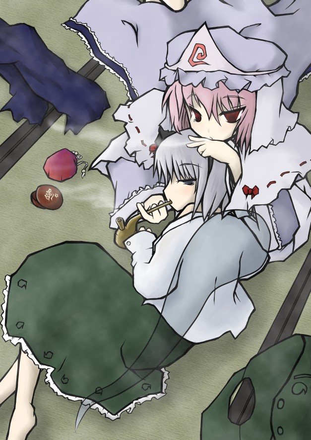 empty_eyes ghost head_rest konpaku_youmu konpaku_youmu_(ghost) marijuana multiple_girls myon nyorumachi pink_hair pipe red_eyes saigyouji_yuyuko silver_hair smoke smoking touhou