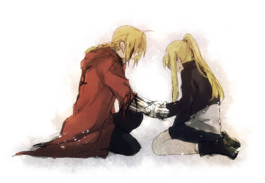 blood braid coat edward_elric fullmetal_alchemist hand_holding holding_hands hood long_hair ponytail sad simple_background torn_clothes tsukuda0310 winry_rockbell