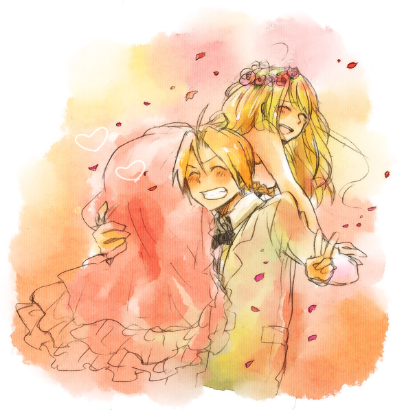 1girl blonde_hair blush braid closed_eyes couple dress edward_elric eyes_closed formal fullmetal_alchemist open_mouth pocky1202 ponytail suit teeth wedding_dress winry_rockbell