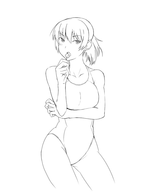 1girl amagami candy competition_swimsuit lineart lollipop one-piece_swimsuit ponytail solo swimsuit tamago tsukahara_hibiki
