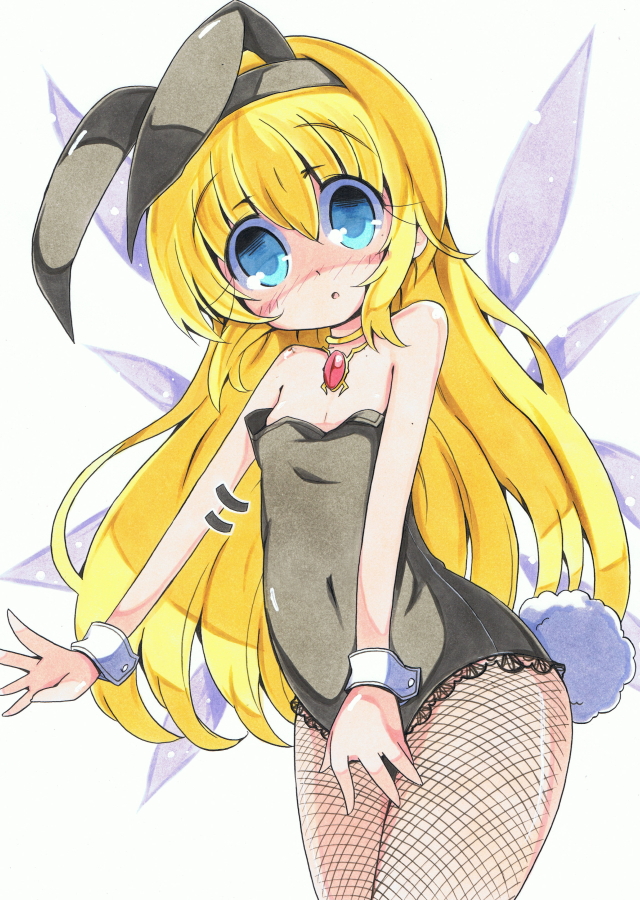 animal_costume animal_ears blonde_hair blue_eyes blush bunny_costume bunny_ears bunny_girl bunny_tail bunnysuit colette_brunel cuffs fishnet_pantyhose fishnets flat_chest hairband long_hair milkpanda pantyhose pettanko tail tales_of_(series) tales_of_symphonia traditional_media very_long_hair wardrobe_malfunction white_background wings wrist_cuffs