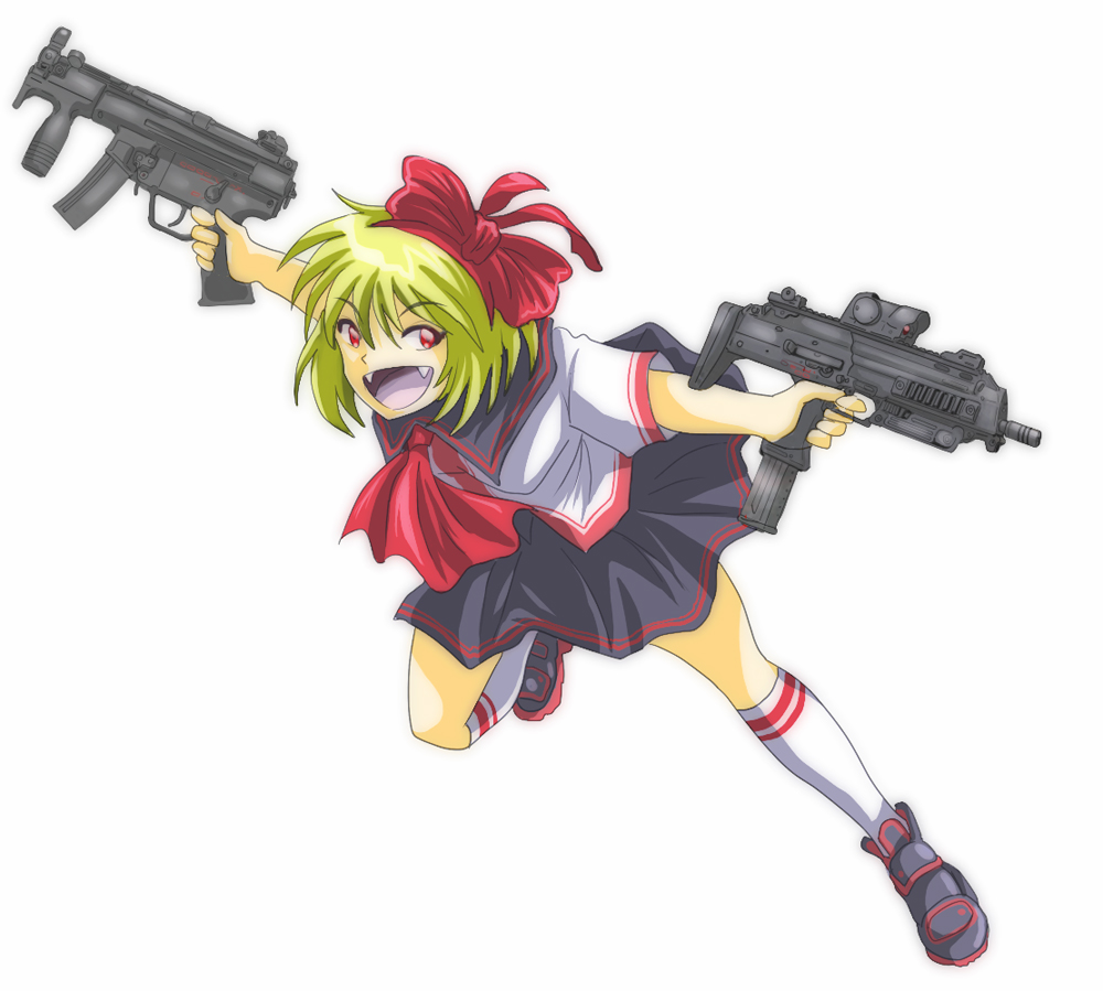 4.6x30mm_ap 9x19mm_parabellum bad_id blonde_hair dual_wielding fang gun h&amp;k_mp5k h&amp;k_mp7 hair_ribbon heckler_&amp;_koch junkei red_eyes ribbon rumia short_hair smile solo submachine_gun the_embodiment_of_scarlet_devil touhou vertical_foregrip weapon youkai